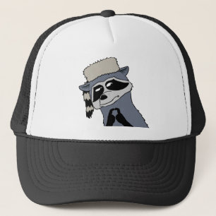 Raccoon som ha på sig coonskinlocket truckerkeps