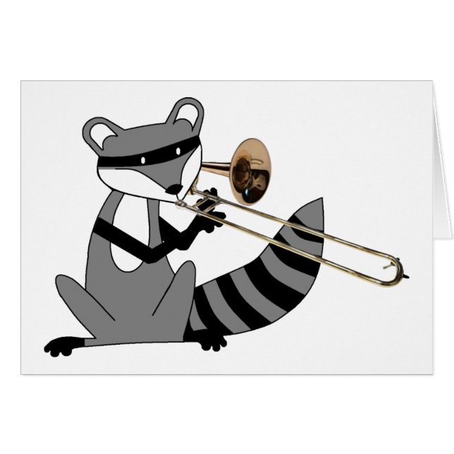 Raccoon som leker trombonen hälsningskort (Framsidan Horizontal)