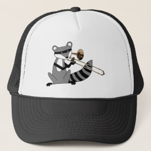 Raccoon som leker trombonen truckerkeps