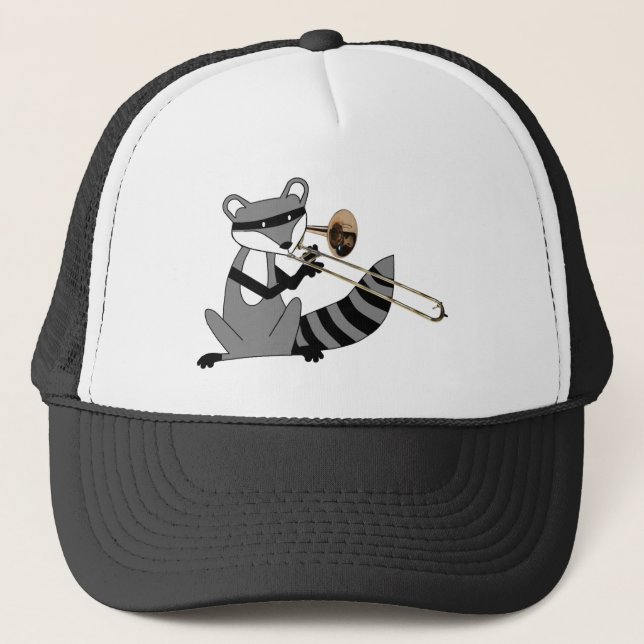 Raccoon som leker trombonen truckerkeps (Framsida)
