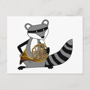 Raccoon spelar Fransken Horn Vykort