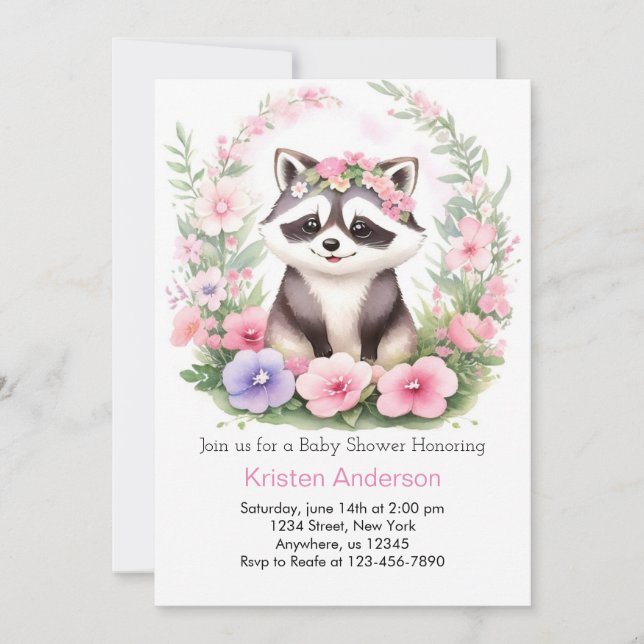 Raccoon Watercolor Wonderland Girl Baby Shower Inbjudningar (Framsida)
