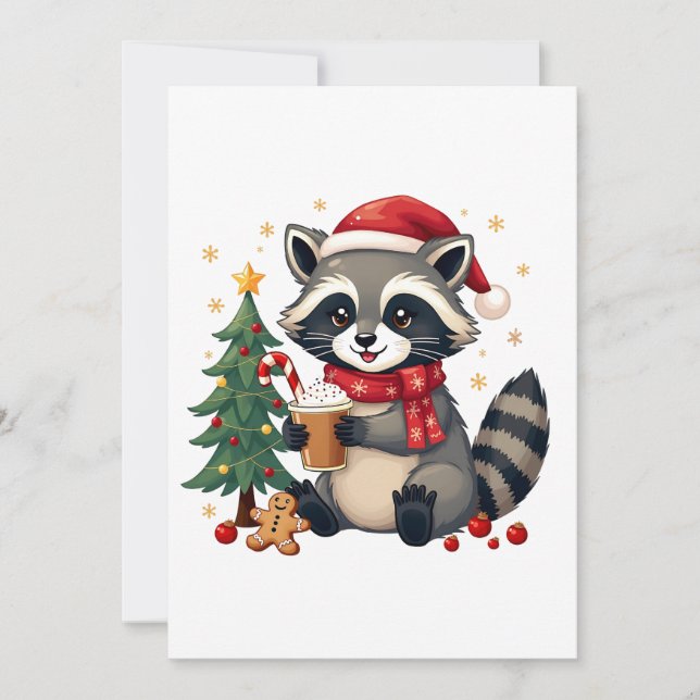 Raccoon Wearing Santa Hat för jul Helgdag Inbjudningar (Framsida)