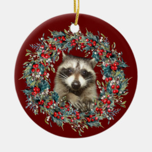 Raccoon Wildlife Julafton jul i älskare krans Julgransprydnad Keramik
