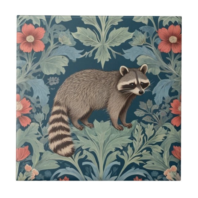 Raccoon William Morris stil Höger Facing Blommigt Kakelplatta (Framsidan)
