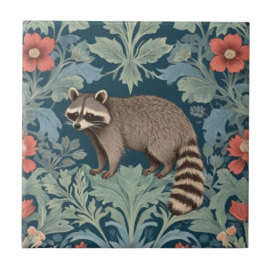 Raccoon William Morris stil Lämnat Facing Blommigt Kakelplatta
