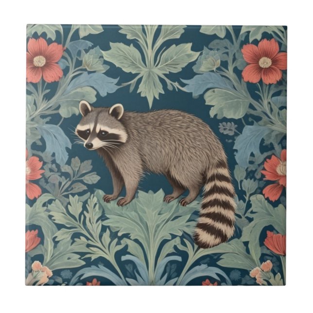 Raccoon William Morris stil Lämnat Facing Blommigt Kakelplatta (Framsidan)