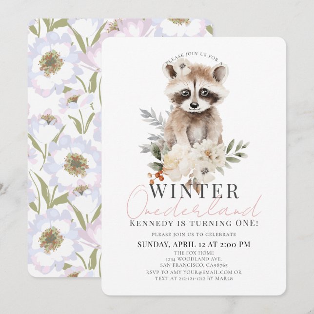 Raccoon Winter Onederland Girl 1st Birthday Inbjudningar (Fram/baksida)