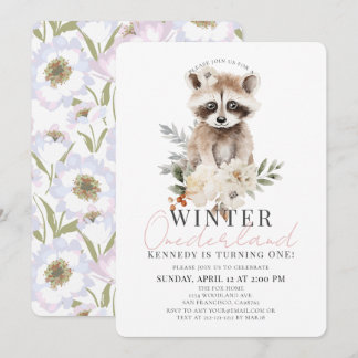 Raccoon Winter Onederland Girl 1st Birthday Inbjudningar
