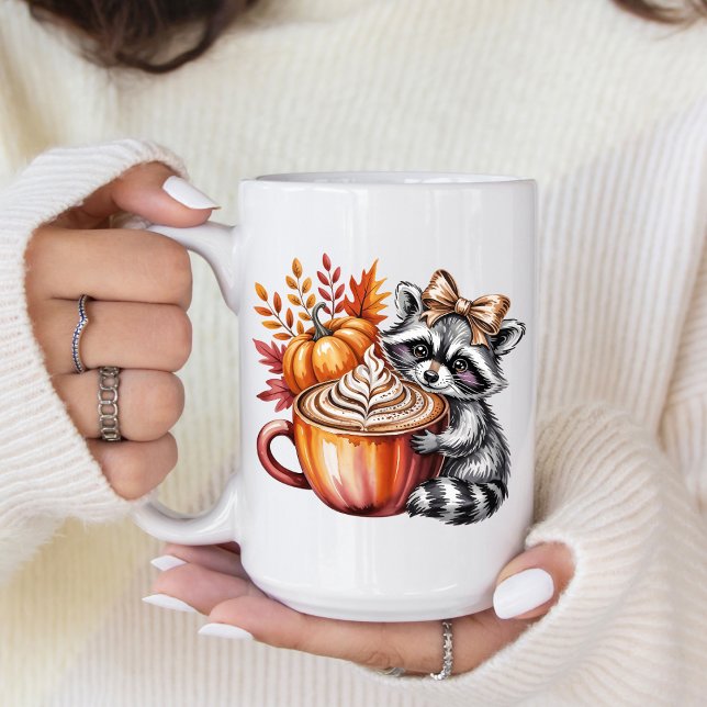Raccoon with Pumpkin Latte Fall Season Coffee Mug Kaffemugg (Personalize this adorable raccoon pumpkin spice latte coffee design. )