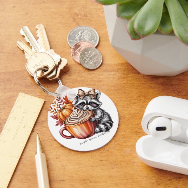 Raccoon with Pumpkin Latte Fall Season Keychain Nyckelring (Skrivbord)