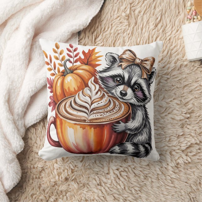 Raccoon with Pumpkin Latte Fall Season Pillow Kudde (Filt)
