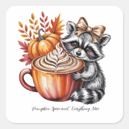 Raccoon with Pumpkin Latte Fall Season Sticker Fyrkantigt Klistermärke