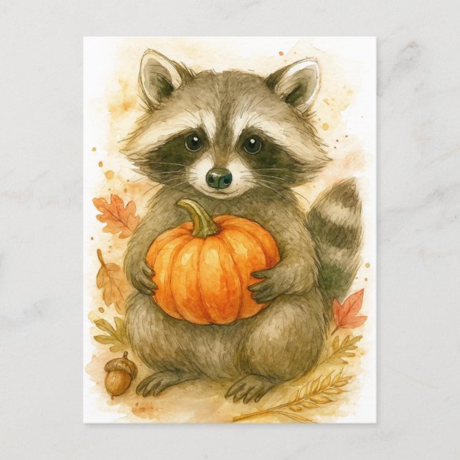 Raccoon with Pumpkin Thanksgiving Postcard Helg Vykort (Framsida)