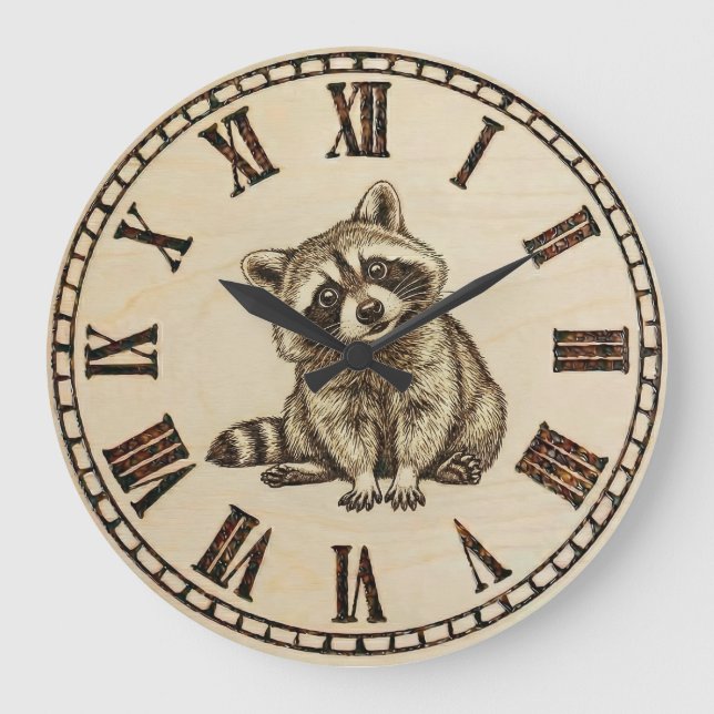 Raccoon Wooden Wall Clock Stor Klocka (Framsida)