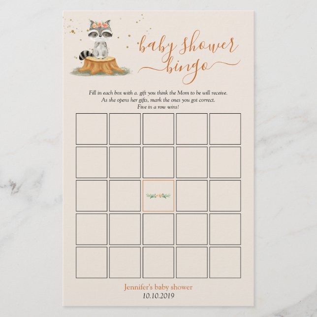 Raccoon Woodland Animals Baby Shower Bingo Game (Framsida)