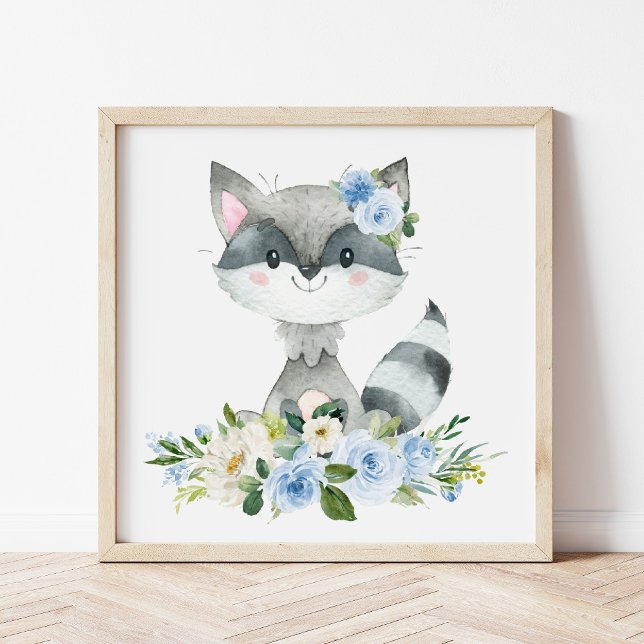Raccoon, Woodland Animals, Boho, Blåa blommor Fototryck (Skapare uppladdad)