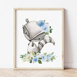 Raccoon, Woodland Animals, Boho, Blåa blommor Poster