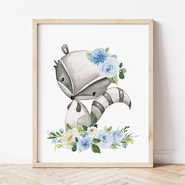 Raccoon, Woodland Animals, Boho, Blåa blommor Poster (Skapare uppladdad)
