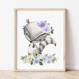 Raccoon, Woodland Animals, Boho, Lila blommor Poster