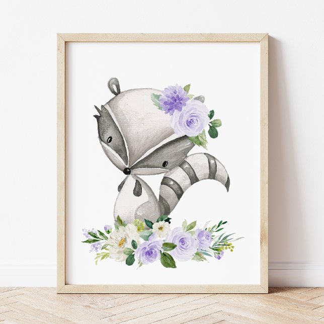 Raccoon, Woodland Animals, Boho, Lila blommor Poster (Skapare uppladdad)