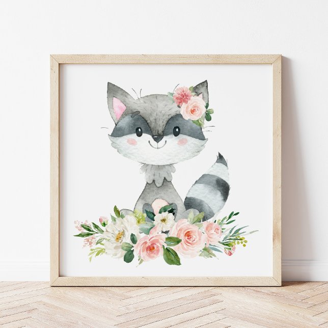 Raccoon, Woodland Animals, Boho, Rosa Flowers Poster (Skapare uppladdad)