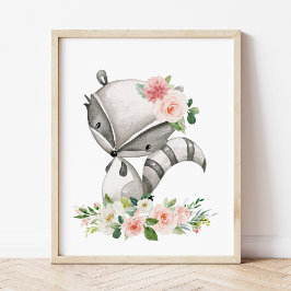 Raccoon, Woodland Animals, Boho, Rosa Flowers Poster