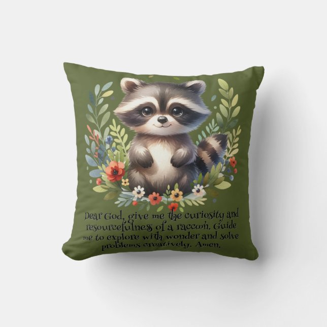 Raccoon Woodland Kids Christian Prayer på Grönten  Kudde (Framsida)