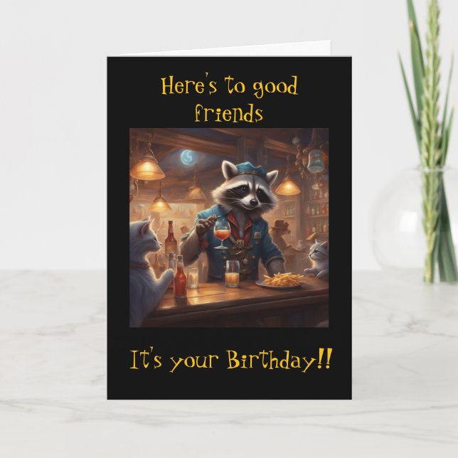 Raccoons and Cats share drinks in the bar birthday Kort (Framsida)