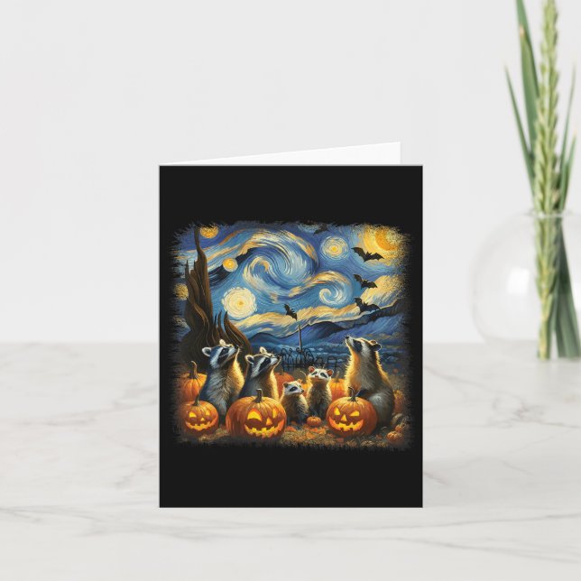 Raccoons and Possum Halloween Fall Van Gogh Starry Kort (Framsida)