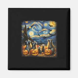 Raccoons and Possum Halloween Fall Van Gogh Starry Magnet