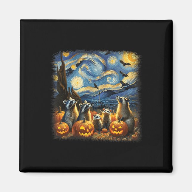 Raccoons and Possum Halloween Fall Van Gogh Starry Magnet (Framsidan)