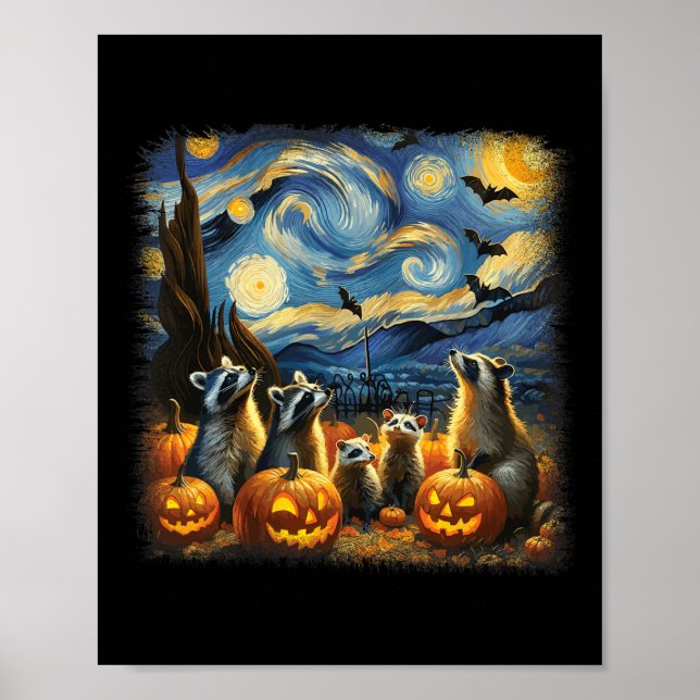 Raccoons and Possum Halloween Fall Van Gogh Starry Poster (Framsidan)