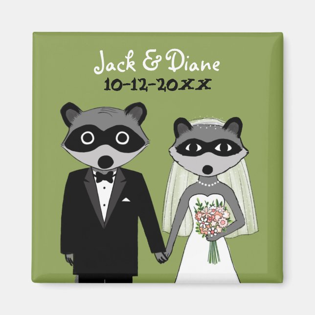 Raccoons Bröllop Bride and Groom with Anpassningsb Magnet (Framsidan)