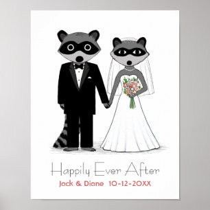 Raccoons Bröllop Bride and Groom with Anpassningsb Poster