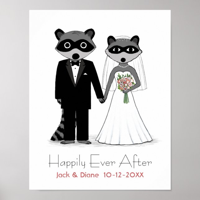 Raccoons Bröllop Bride and Groom with Anpassningsb Poster (Framsidan)