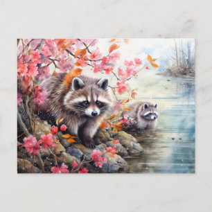 Raccoons nära höstpendlandet helg vykort