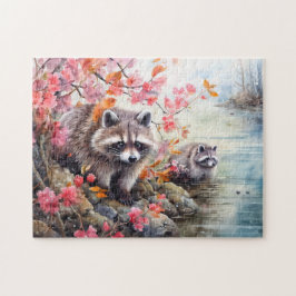 Raccoons near autumn pond scene pussel