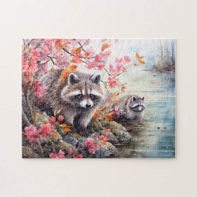 Raccoons  near autumn pond scene pussel (Horisontell)