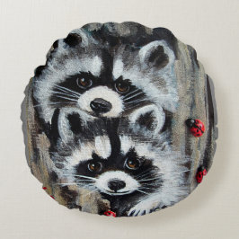 Raccoons Peeking Rund Kudde