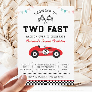 Race Car 2-års födelsedagsfest Two Fast Födelsedag Inbjudningar