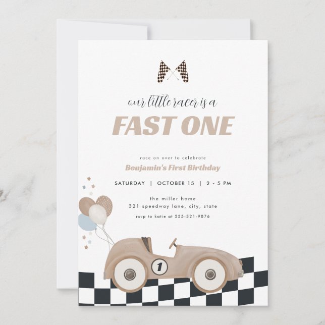 Race Car Beige Fast One First Birthday Invite  Inbjudningar (Framsida)