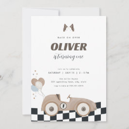 Race Car Beige Vintage Car First Birthday Invite  Inbjudningar