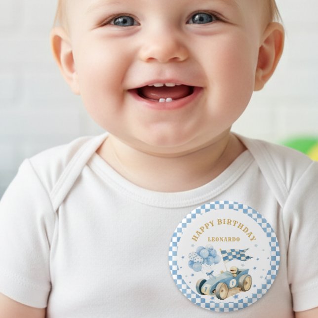 Race Car Blue Checkered Flag Boy First Birthday  Knapp (Skapare uppladdad)