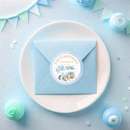 Race Car Blue Watercolor Boy First Birthday  Runt Klistermärke