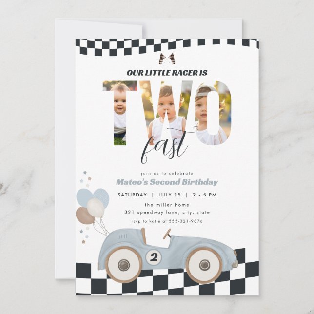 Race Car Two Fast Second Birthday Invite w/ Photo Inbjudningar (Framsida)