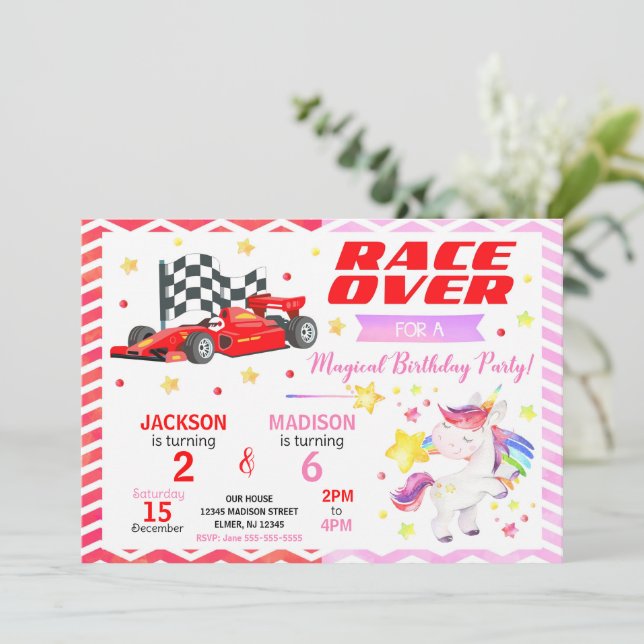 Race Car & Unicorn Joint Birthday Invitation Inbjudningar (Stående Fram)