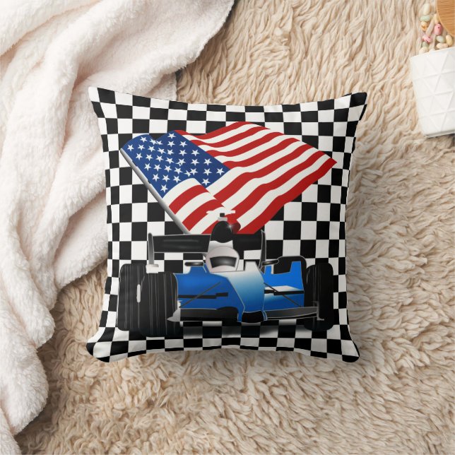 Race Car with American Flag Kudde (Filt)