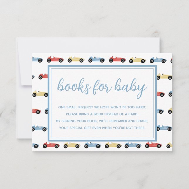 Race Cars Blue Boy Baby Shower Books For Baby Card Inbjudningar (Framsida)