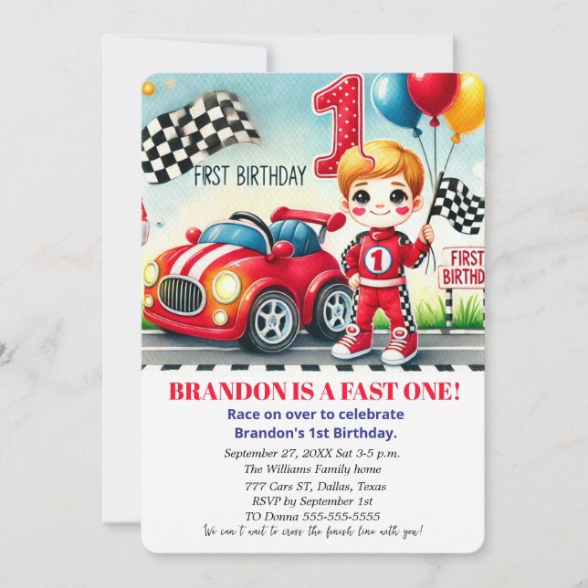 Race On Over Red Car 1st Birthday Boy Kids Inbjudningar (Framsida)